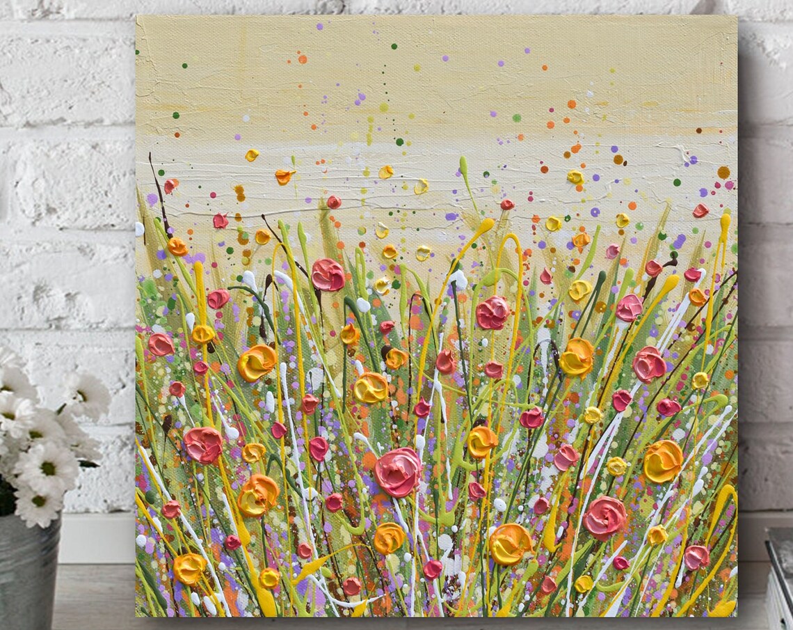 Pink Yellow Wildflower Field Square Spring Meadow Impasto Art Print
