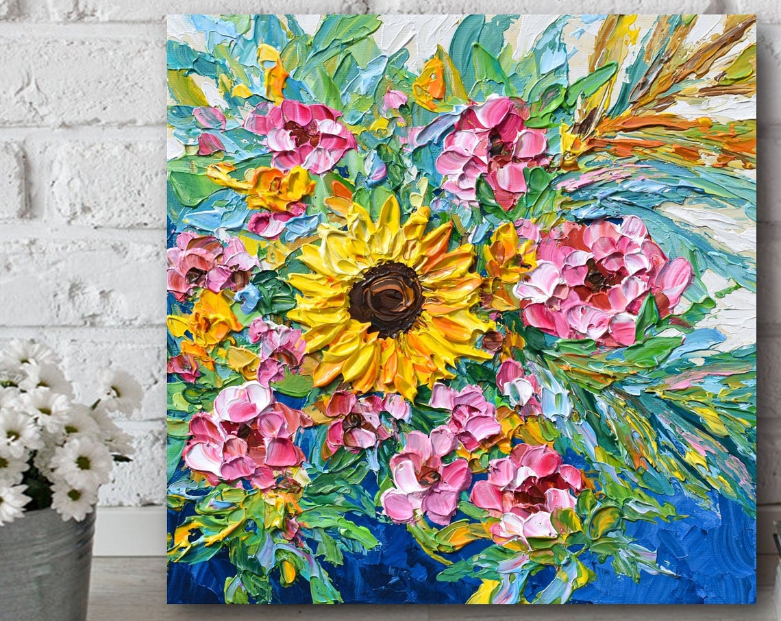 Sunflower Bouquet Print Fall Wall Art Dcor Pink Flowers Wall Van Gogh Inspired