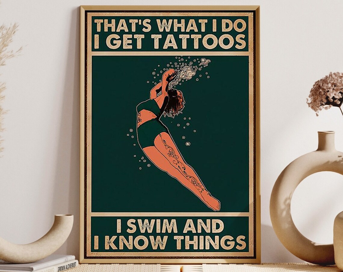 Swimming Girl Vintage Tattoo Wall Art Poster Print