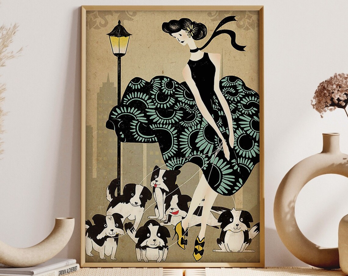 Cute Border Collie Dog Lady Art Girl And Little Collie Poster Gift For Dog Mom Gift For Dog Lover Dog Owner Gift Idea Housewarming Gift