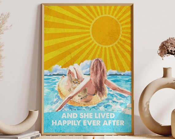 And She Lived Happily Ever After Girl Cat Beach Watercolor Poster