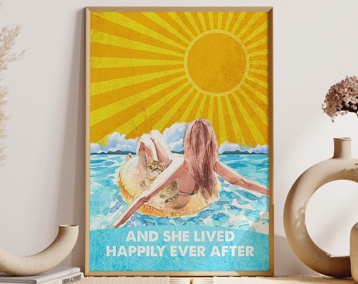 Swimming Girl With Cat Print And She Lived Happily Ever After Poster Vintage Swim Girl Wall Art Swimming Wall Decor Swimming Pool Girl