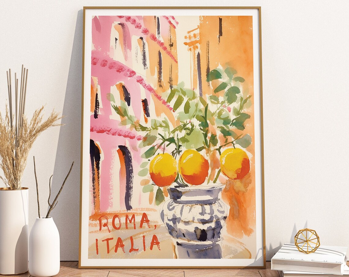 Roma Italia Lemon Tree Watercolor Roman Streetscape Summer Poster