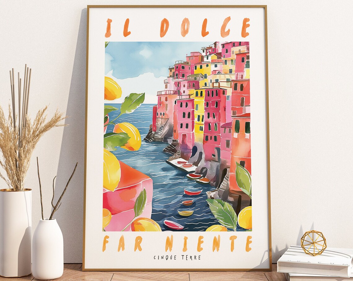 Cinque Terre Italy Il Dolce Far Niente Lemon Village Watercolor Poster