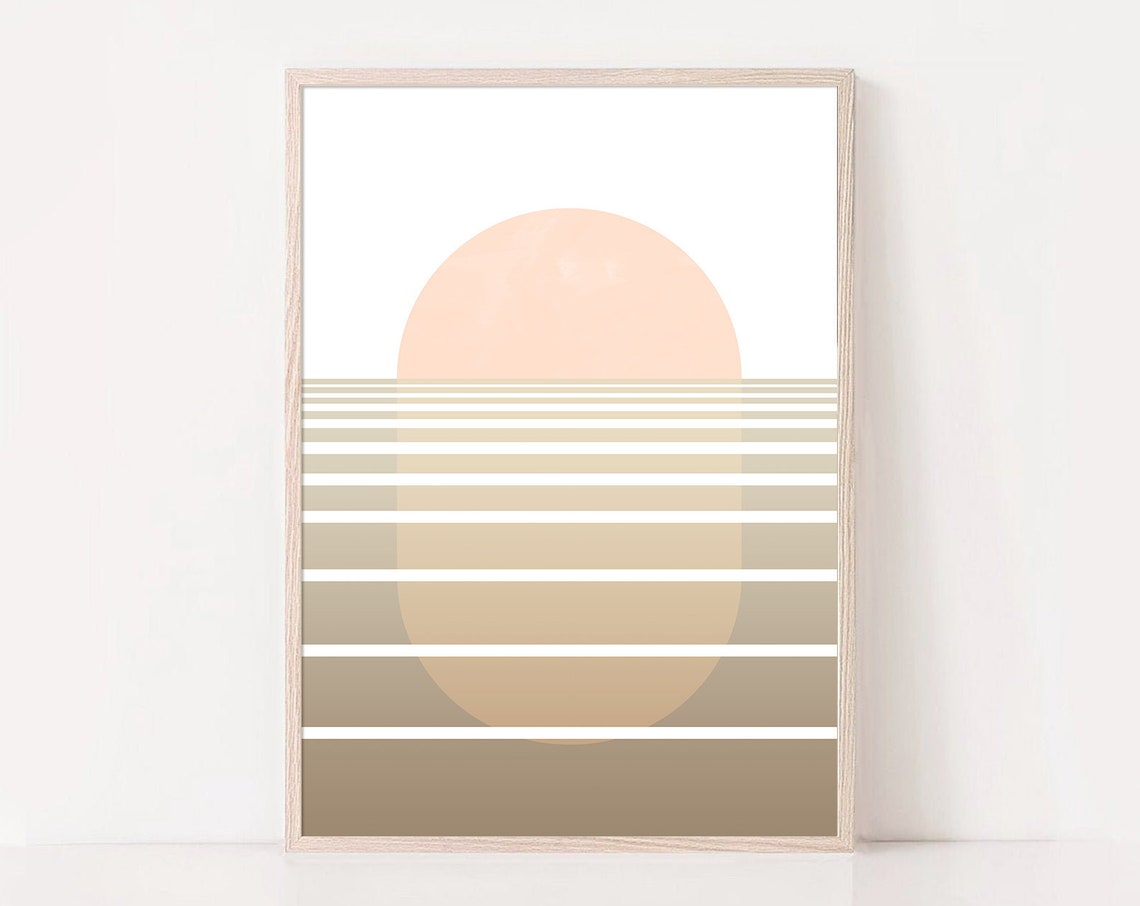 Beige Retro Sunset Over Gradient Stripes Minimalist Art Poster