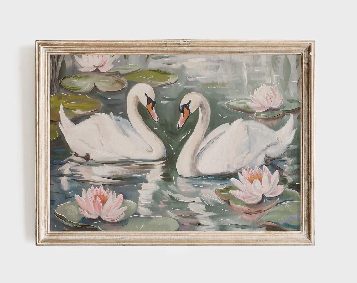 White Swans Water Lilies Pond Impressionist Painting Floral Art Poster