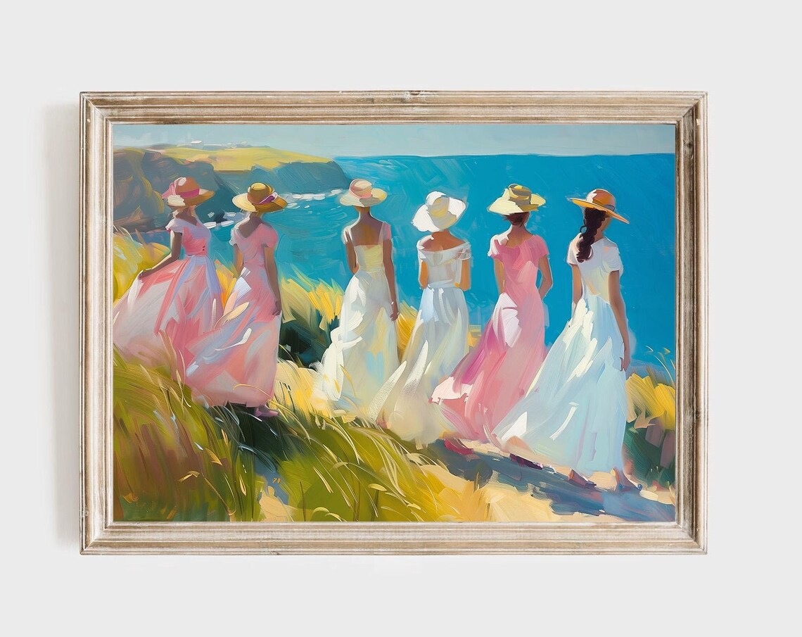 Pastel Dresses Women Walking To Sea Coastal Cliffs Oil Paint Poster