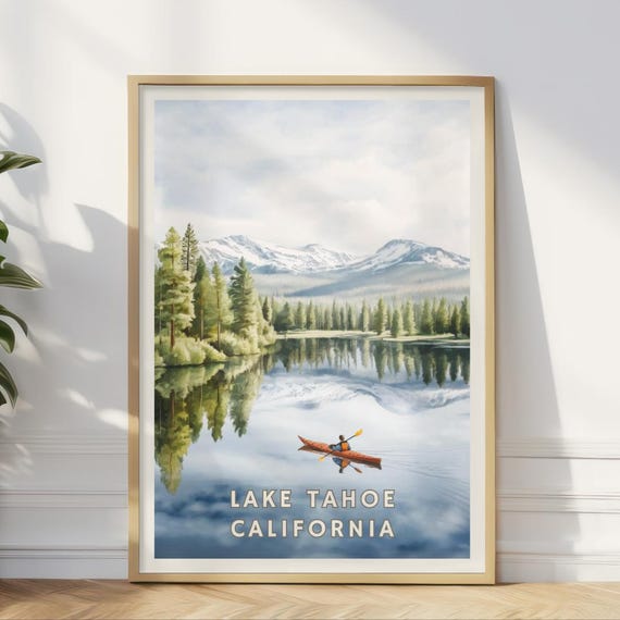 Lake Tahoe Poster California Mountain Art Kayaking Lake Print Sierra Nevada Decor Outdoor Adventure Explorer Wall Art Nature Lover Gift