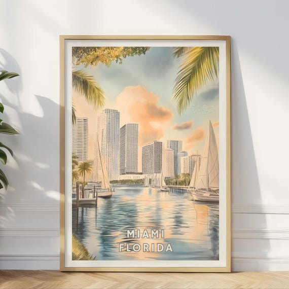 Miami Florida Poster Skyline Cityscape Print Coastal Sunset Wall Art Tropical Sailing Decor Beach Travel Gift Home Office Print