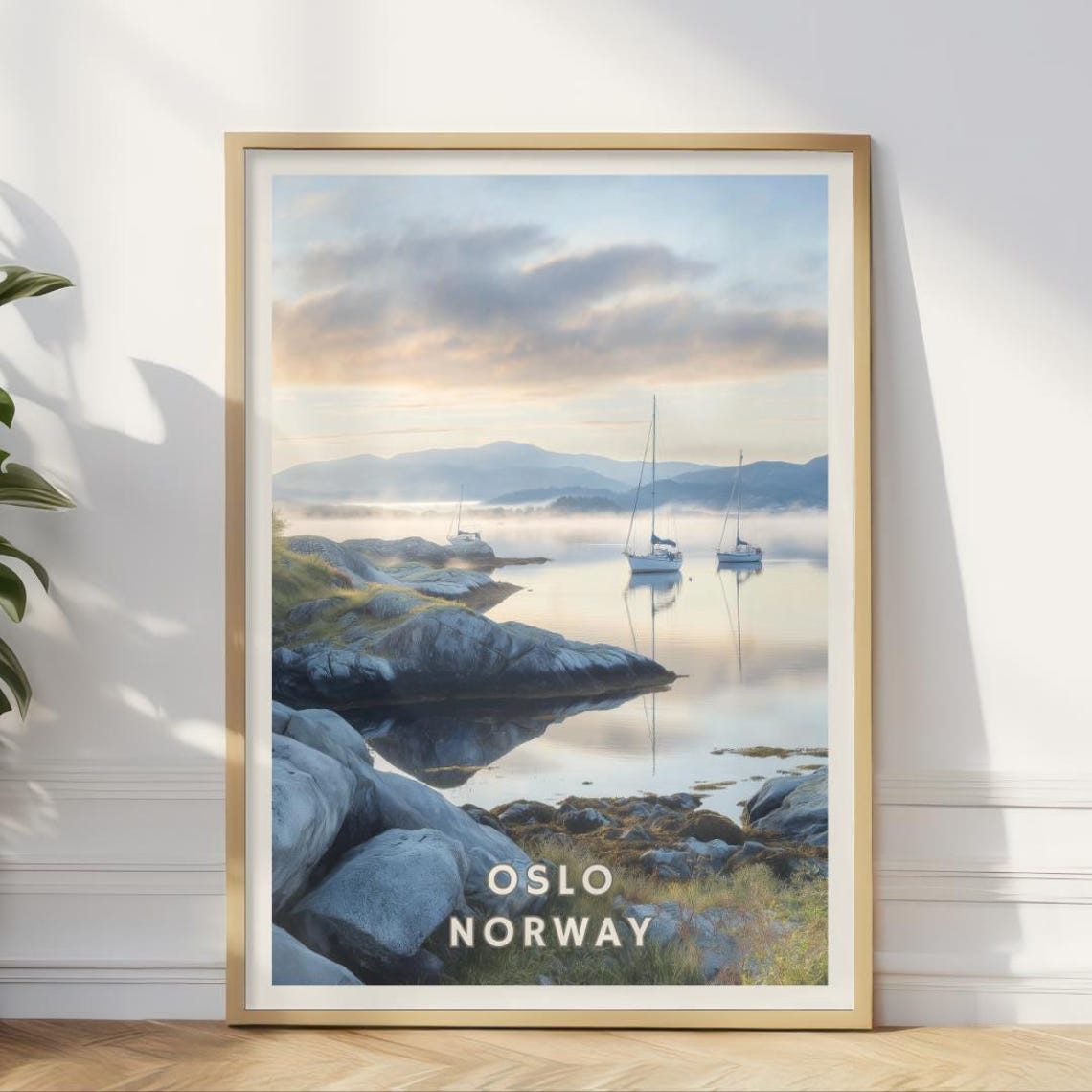 Oslo Norway Poster Scandinavian Fjord Landscape Print Nordic Travel Wall Art Misty Sailboats Decor Minimalist Coastal Norway Art