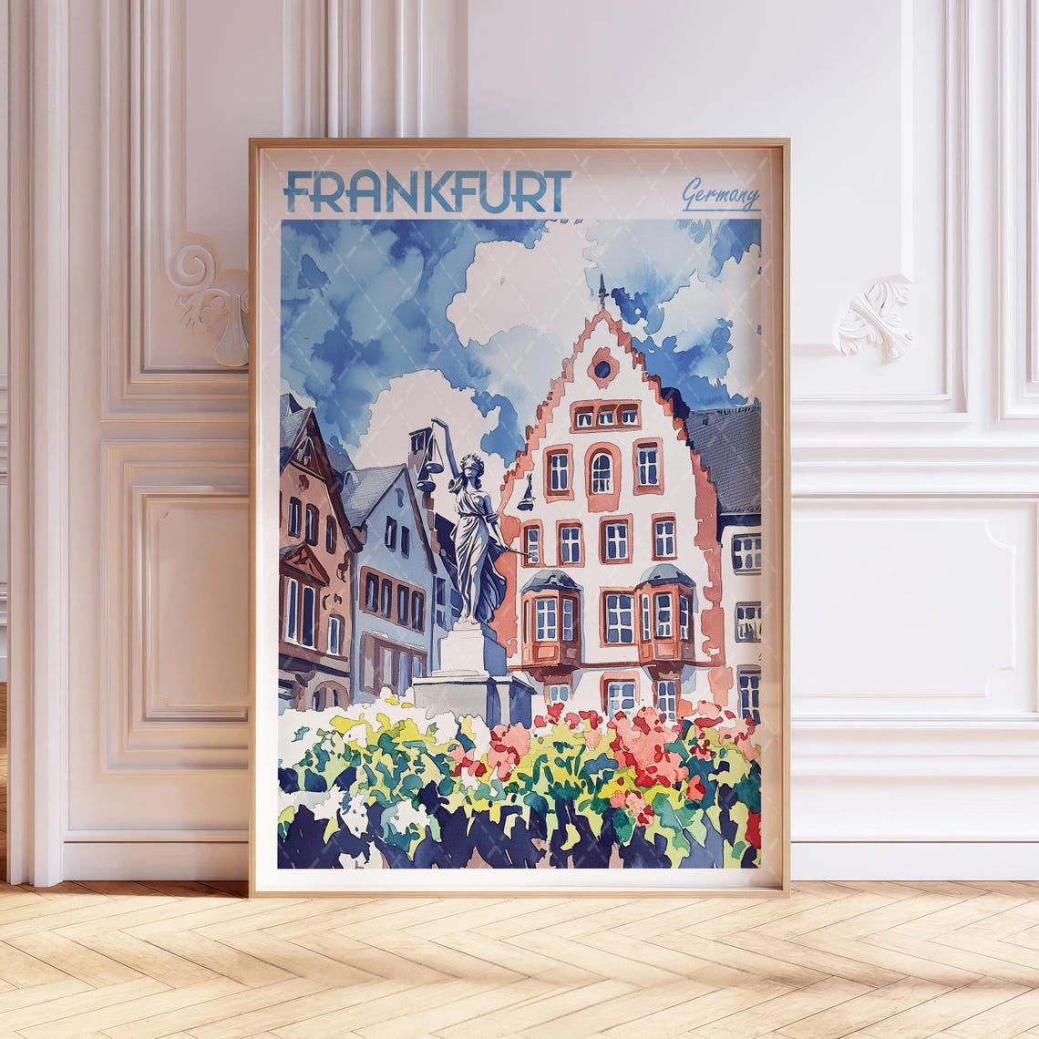 Frankfurt Germany Römerberg Old Town Watercolor Travel Poster