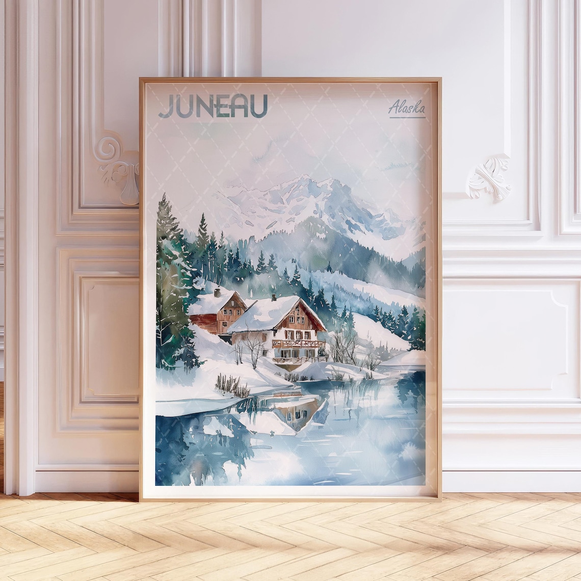 Juneau Alaska Winter Snowy Cabin Mountain Lake Watercolor Poster