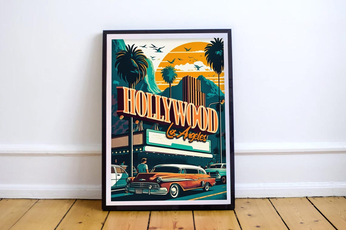 Hollywood Los Angeles Retro Sunset Cars Vintage California Poster