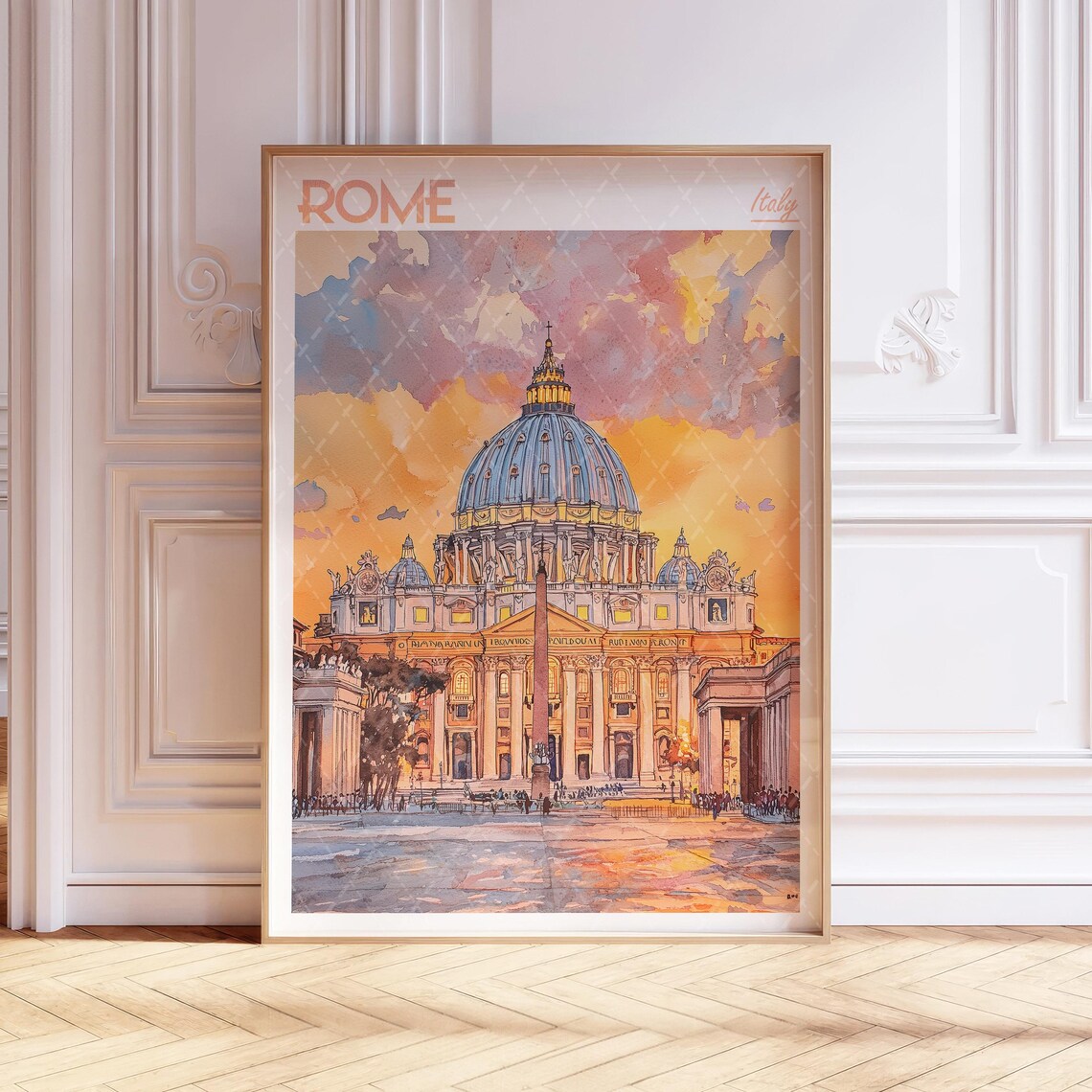 Rome Watercolor Poster, Saint Peters Basilica Travel Poster