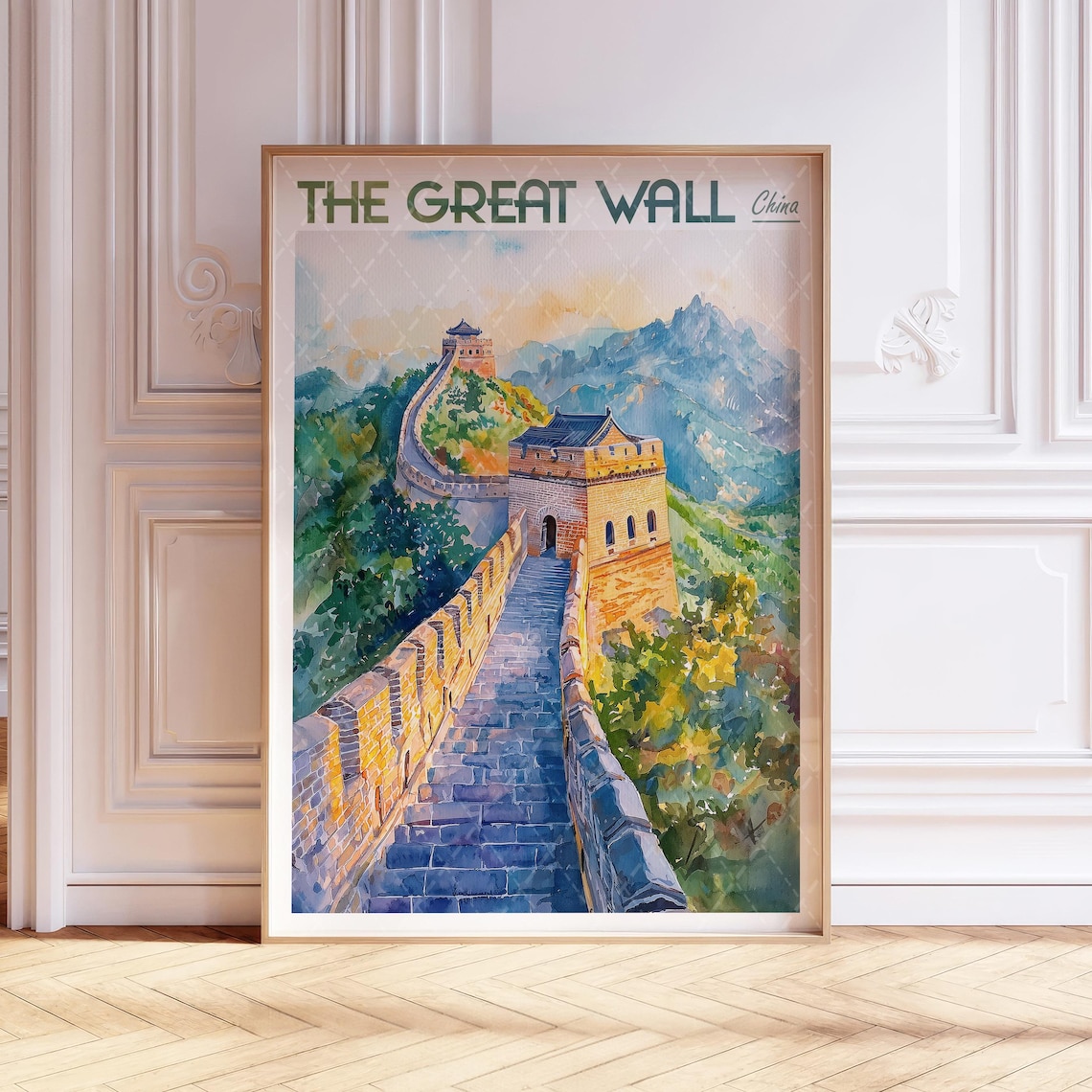The Great Wall China Mountain Watercolor Landmark Travel Poster
