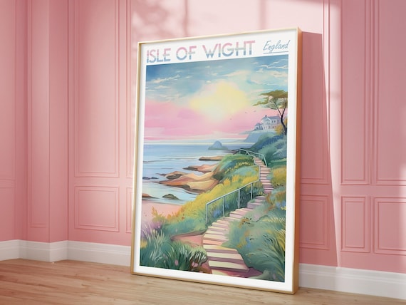 Isle of Wight England Coastal Path Sunset Vintage Watercolor Travel Poster