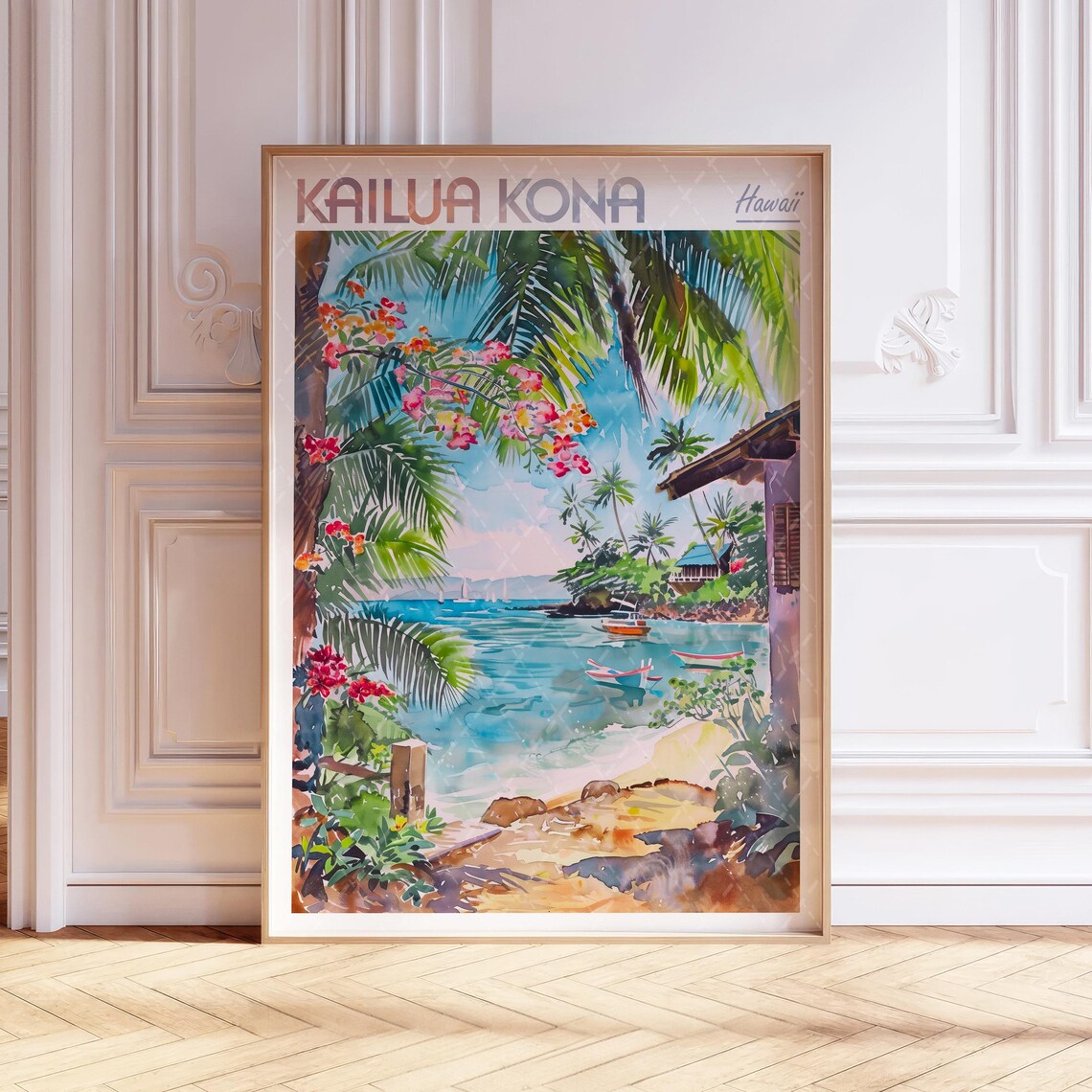 Kailua Kona Watercolor Travel Poster, Hawaii USA
