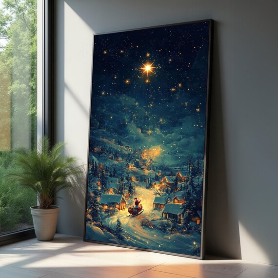 Magical Christmas Night Santa Sleigh Snowy Village Star Poster