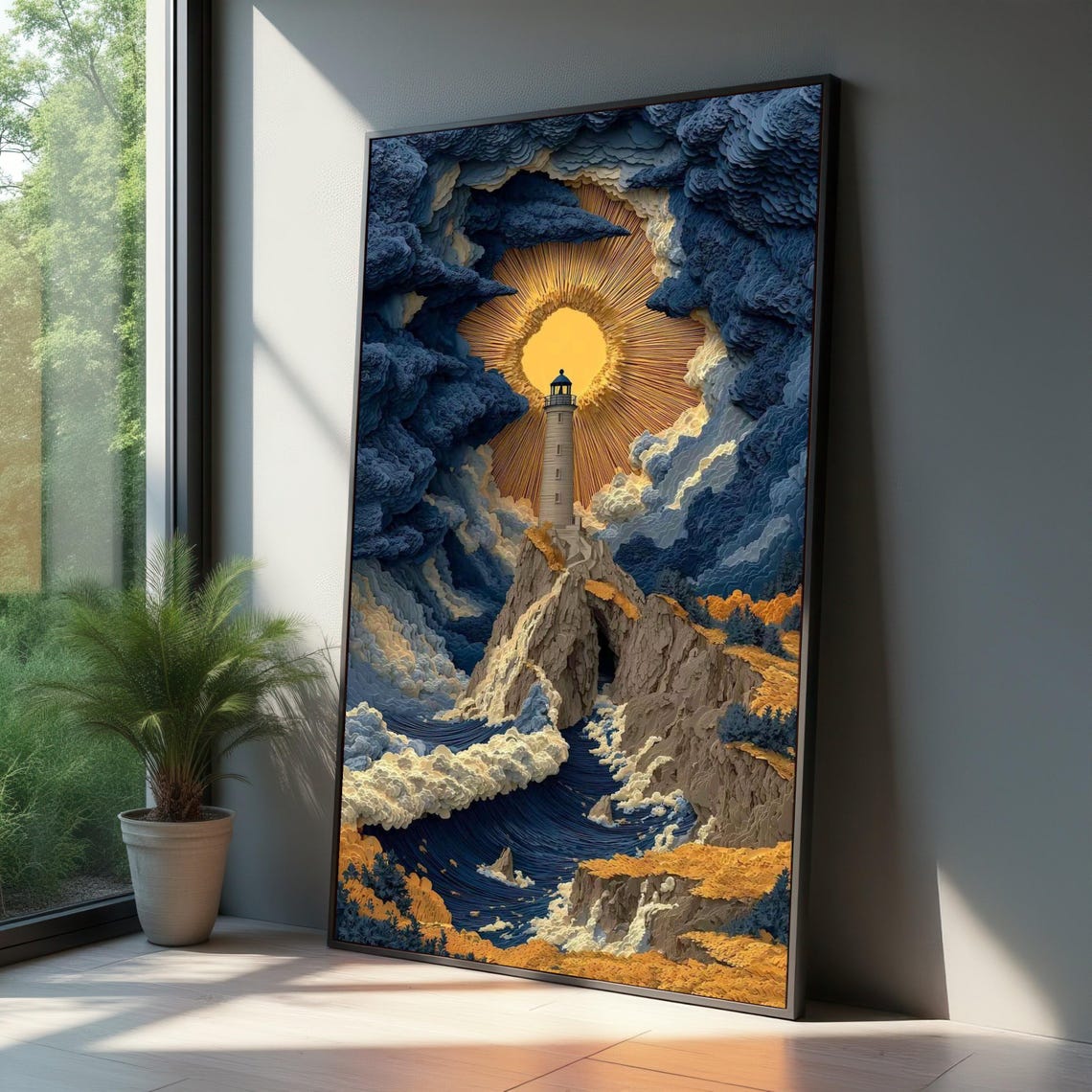Dramatic Lighthouse on Rocky Cliffs Stylized Ocean Waves Poster