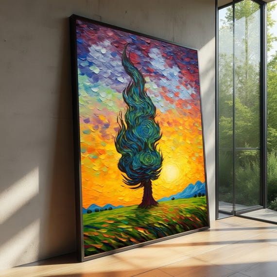 Whimsical Swirling Tree Canvas Colorful Sunset Landscape Abstract Nature Art Vibrant Field Wall Decoration Modern Impressionist