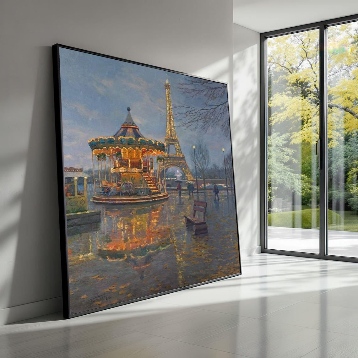Paris Evening Carousel with Eiffel Tower Rainy Reflections Wall Art