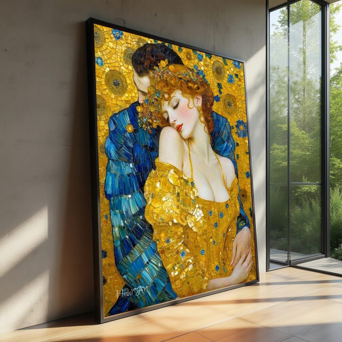 Golden Mosaic Romantic Embrace Couple Love Klimt Style Wall Art