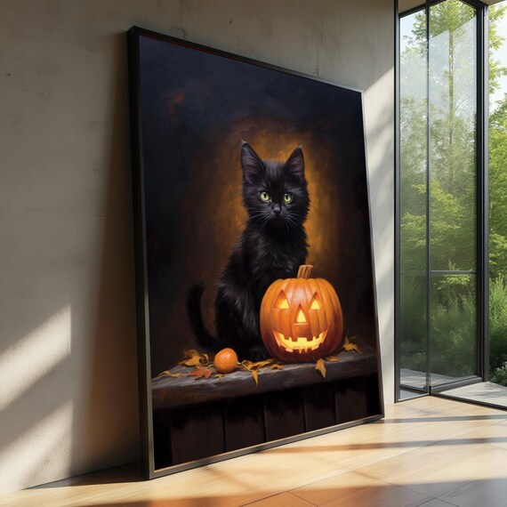 Halloween Black Cat With Jack O Lantern Canvas Spooky Pumpkin Wall Art Autumn Seasonal Decoration Print For Home