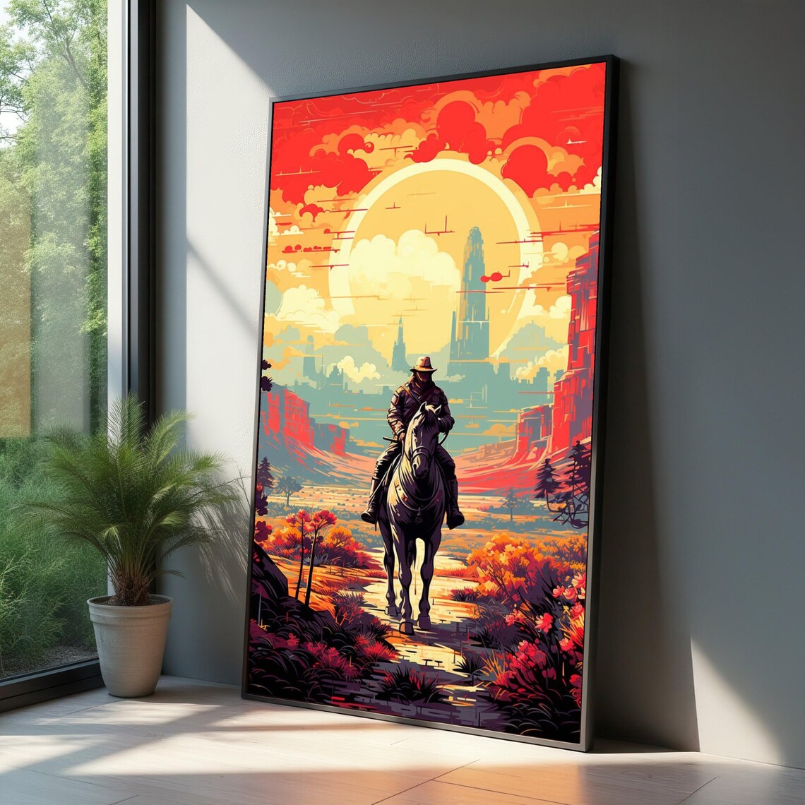 Western Cowboy Rider Travel Poster, Desert Landscape