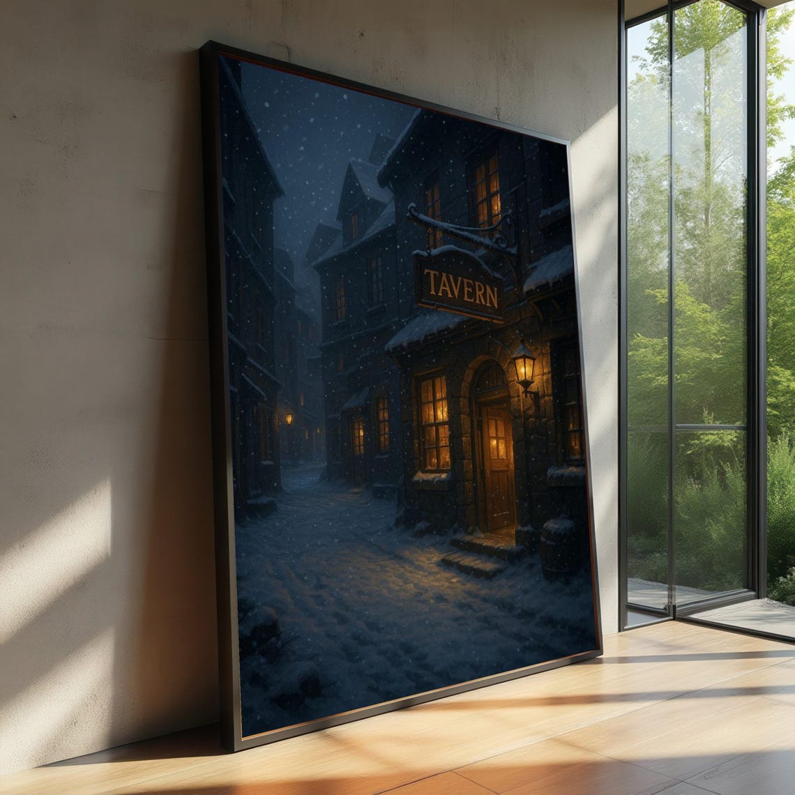 Snowy Old Tavern Street Night Warm Lights Dickensian Winter Poster
