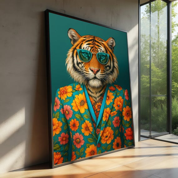 Modern Tiger Portrait Canvas Sunglasses Animal Art Floral Jacket Wall Decor Colorful Wildlife Unique Home Decoration
