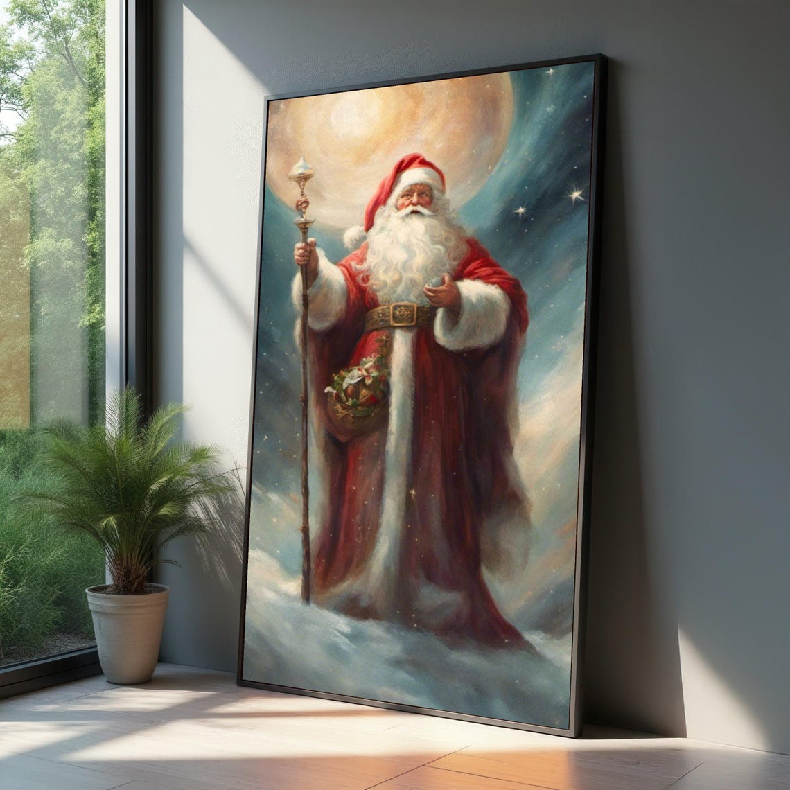 Vintage Santa Claus With Staff Under Full Moon Snowy Night Poster