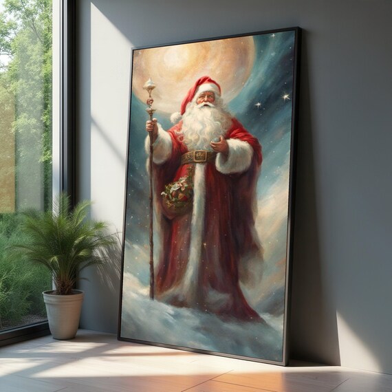 Vintage Santa Claus With Staff Under Full Moon Snowy Night Poster
