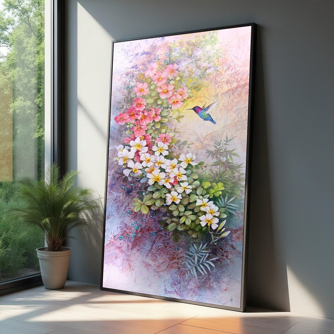 Hummingbird And Floral Wall Art Print, Botanical Garden