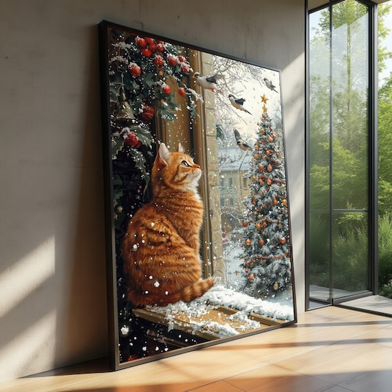 Orange Cat Watching Snow Birds Christmas Window Scene Poster