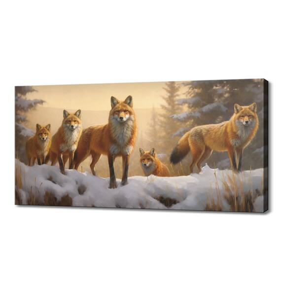 Red Fox Family in Snowy Pine Forest Sunset Glow Wildlife Poster