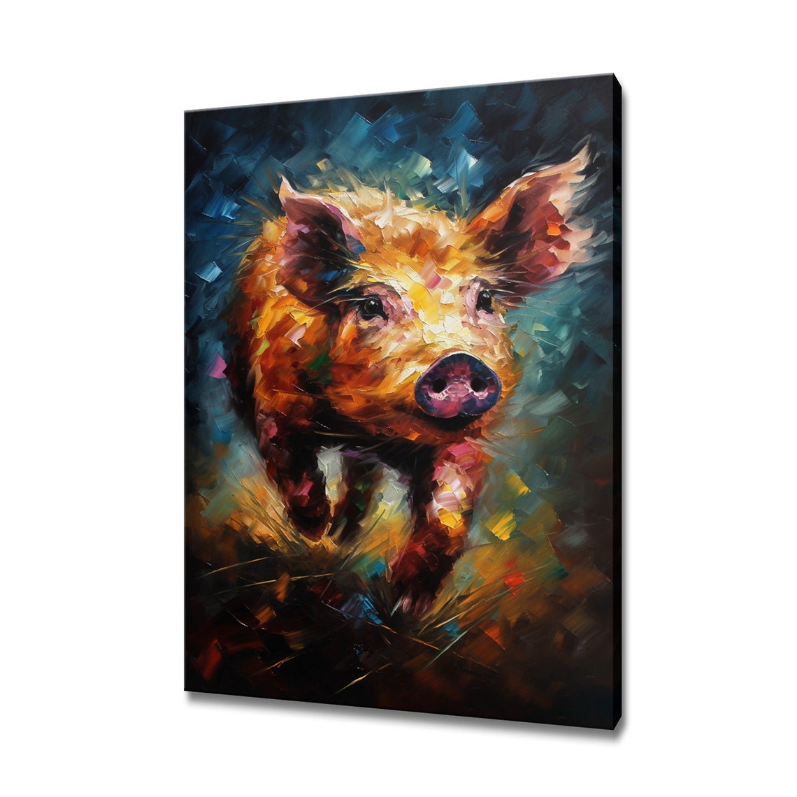 Playful Piglet Running Impressionist Amber Teal Farm Animal Art Poster