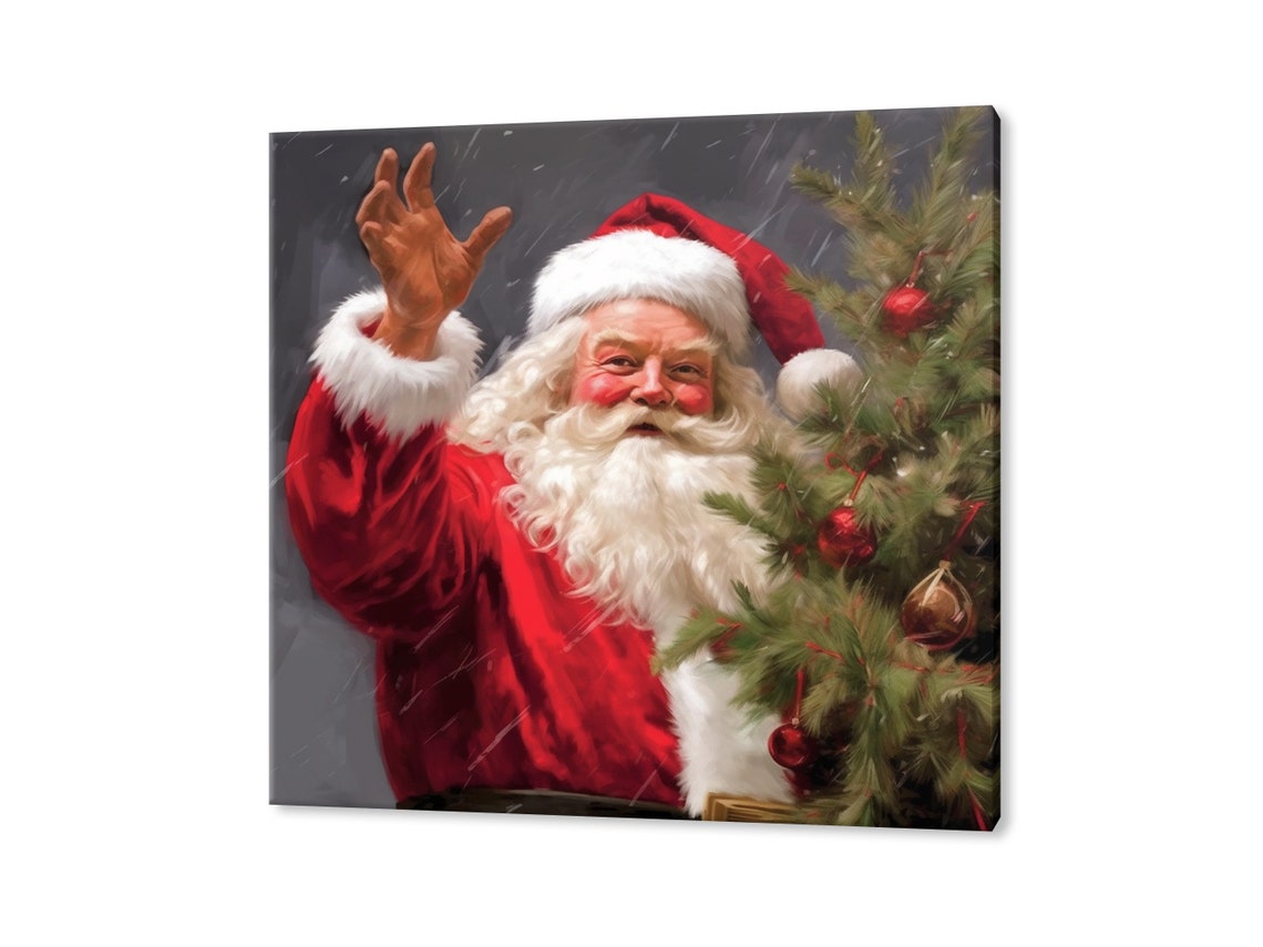 Jolly Santa Claus Waving Beside Christmas Tree Festive Holiday Poster
