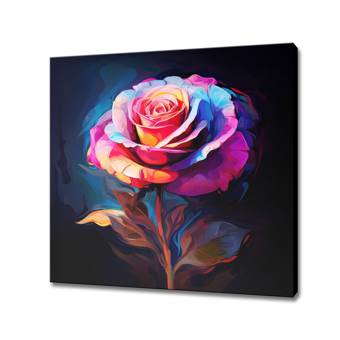Neon Rainbow Rose Abstract Flower Dark Bold Floral Art Poster