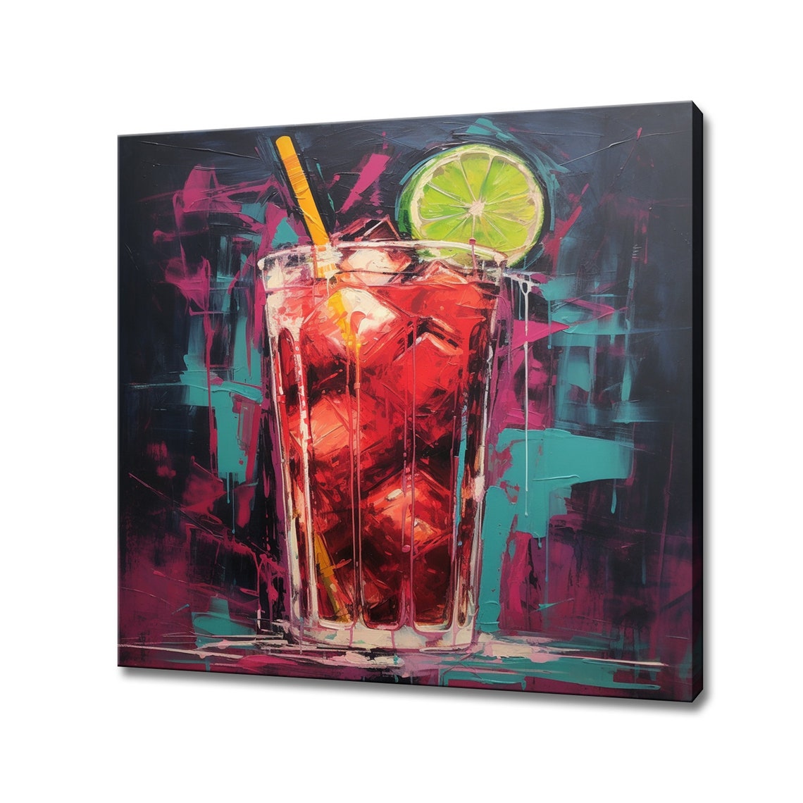 Ruby Red Iced Cocktail Lime Moody Dark Background Bar Wall Art Print