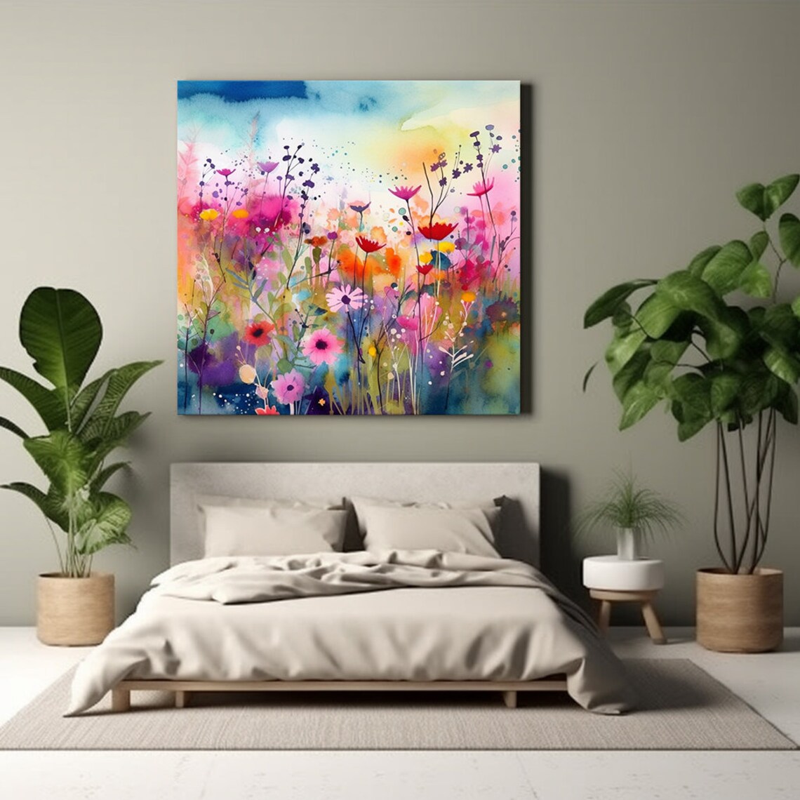Colourful Abstract Meadow Wildflowers Watercolor Art Print - Image 2
