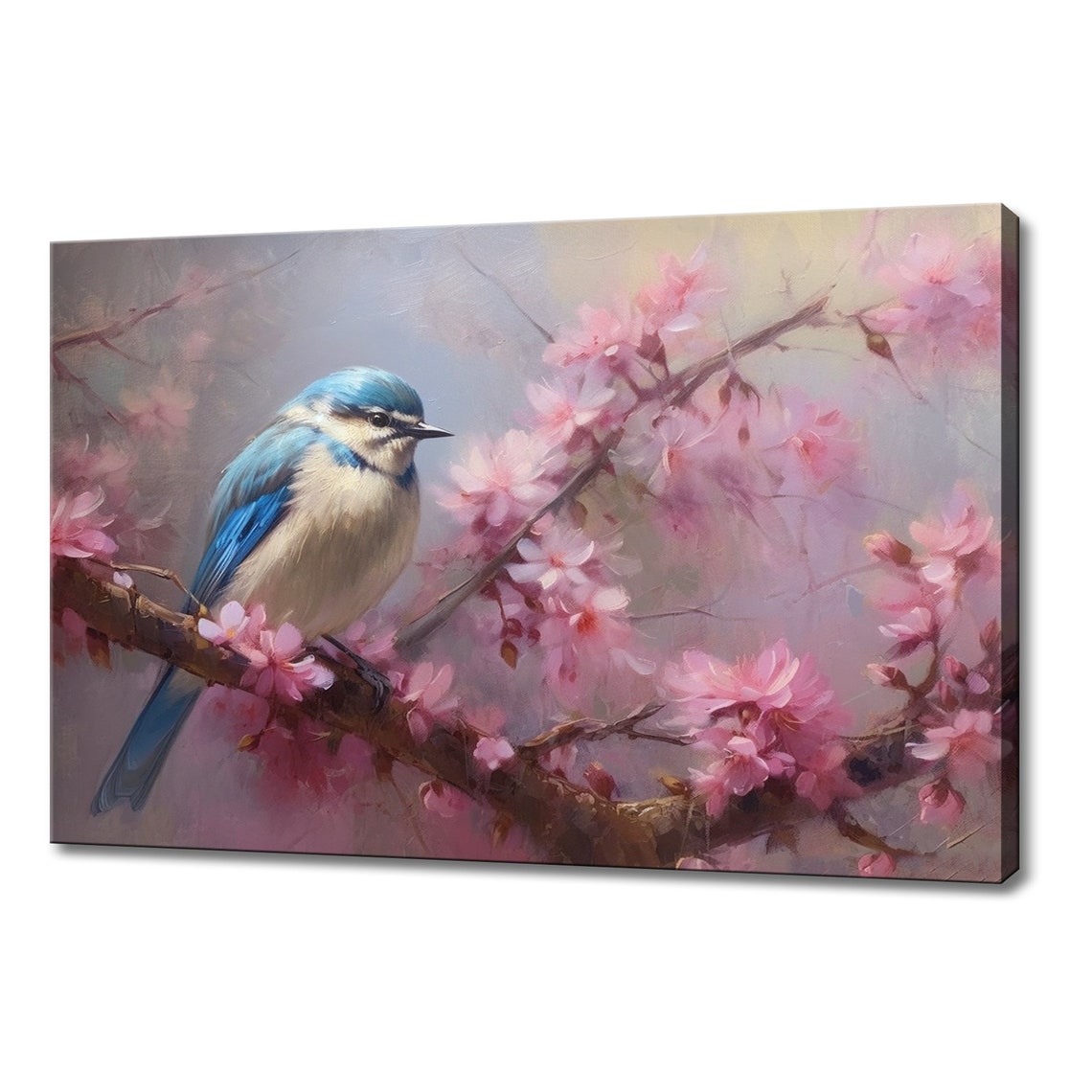 Pastel Blue Bird Pink Cherry Blossom Branch Soft Watercolor Art Poster