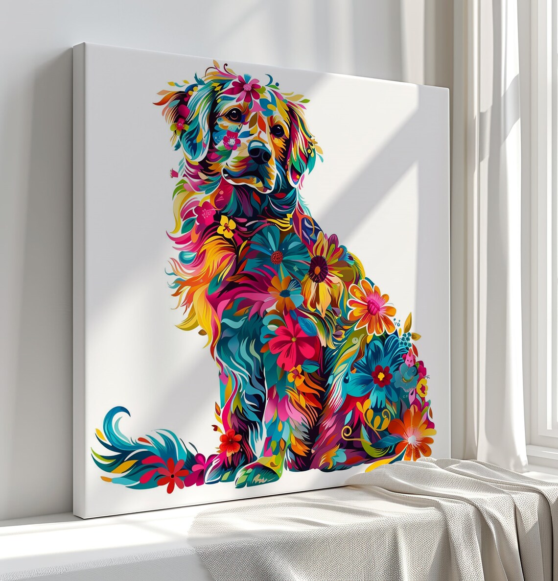 Colourful Floral Golden Retriever Sitting Dog Portrait Poster - Image 2