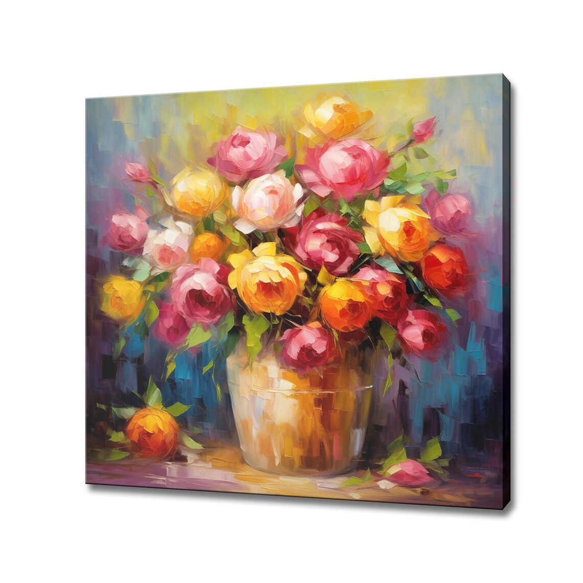 Colorful Rose Bouquet In Vase Oil Painting Style Floral Poster