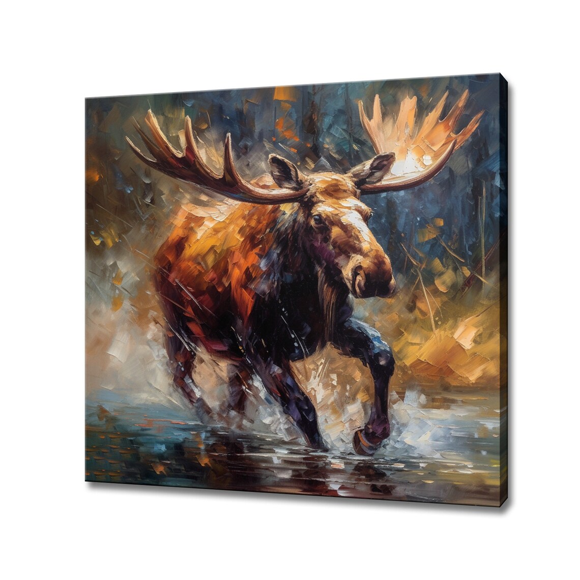 Charging Moose River Splash Amber Blue Impressionist Wildlife Art Poster