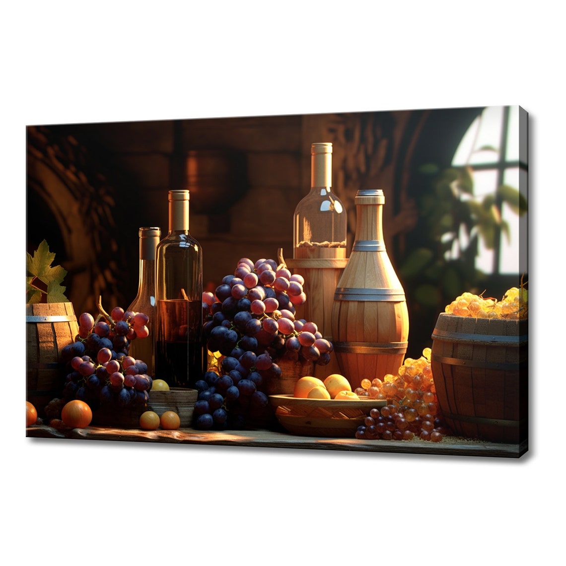 Vintage Wine Bottles Grapes Barrels Rustic Winery Still Life Poster