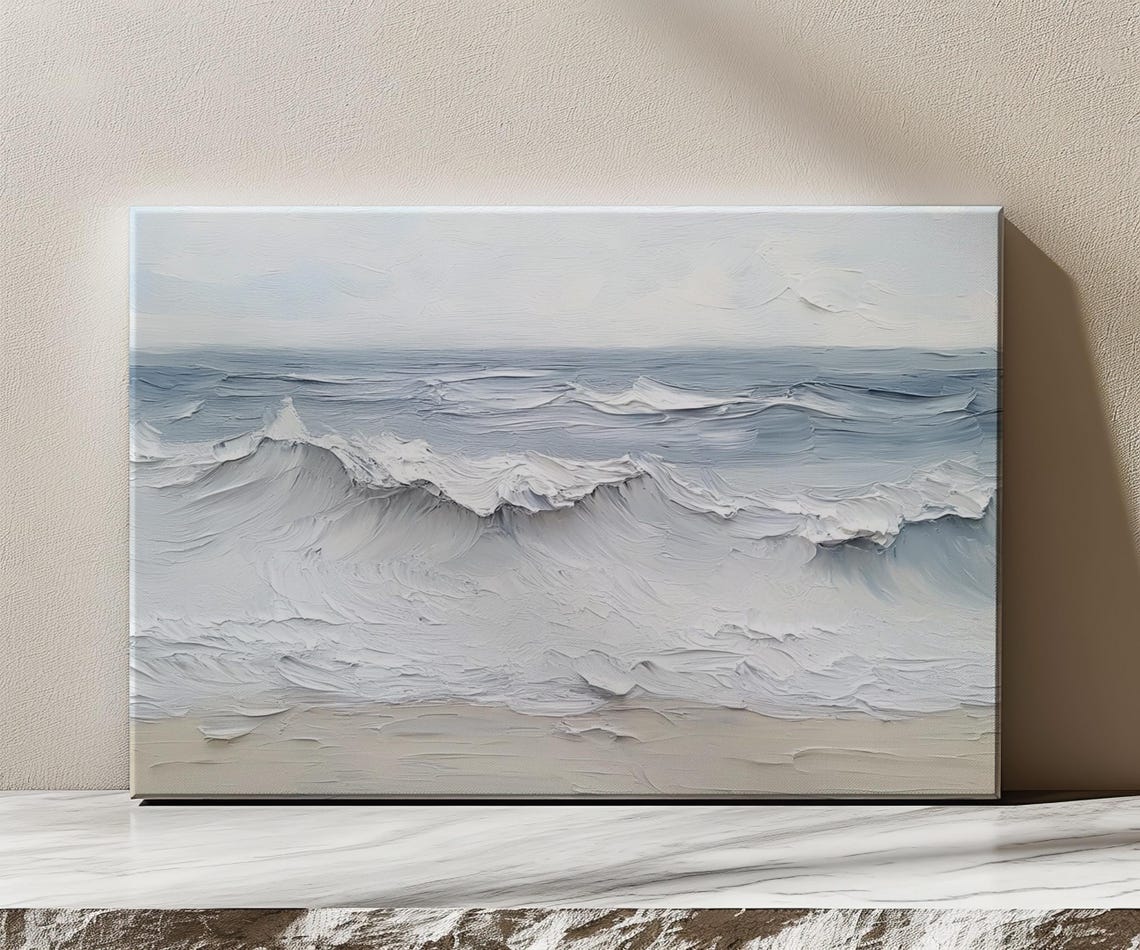 Stormy Sea Waves Vintage Oil Painting Print Countryside Moody Print Modern Living Room Wall Art Farmhouse Decor Art