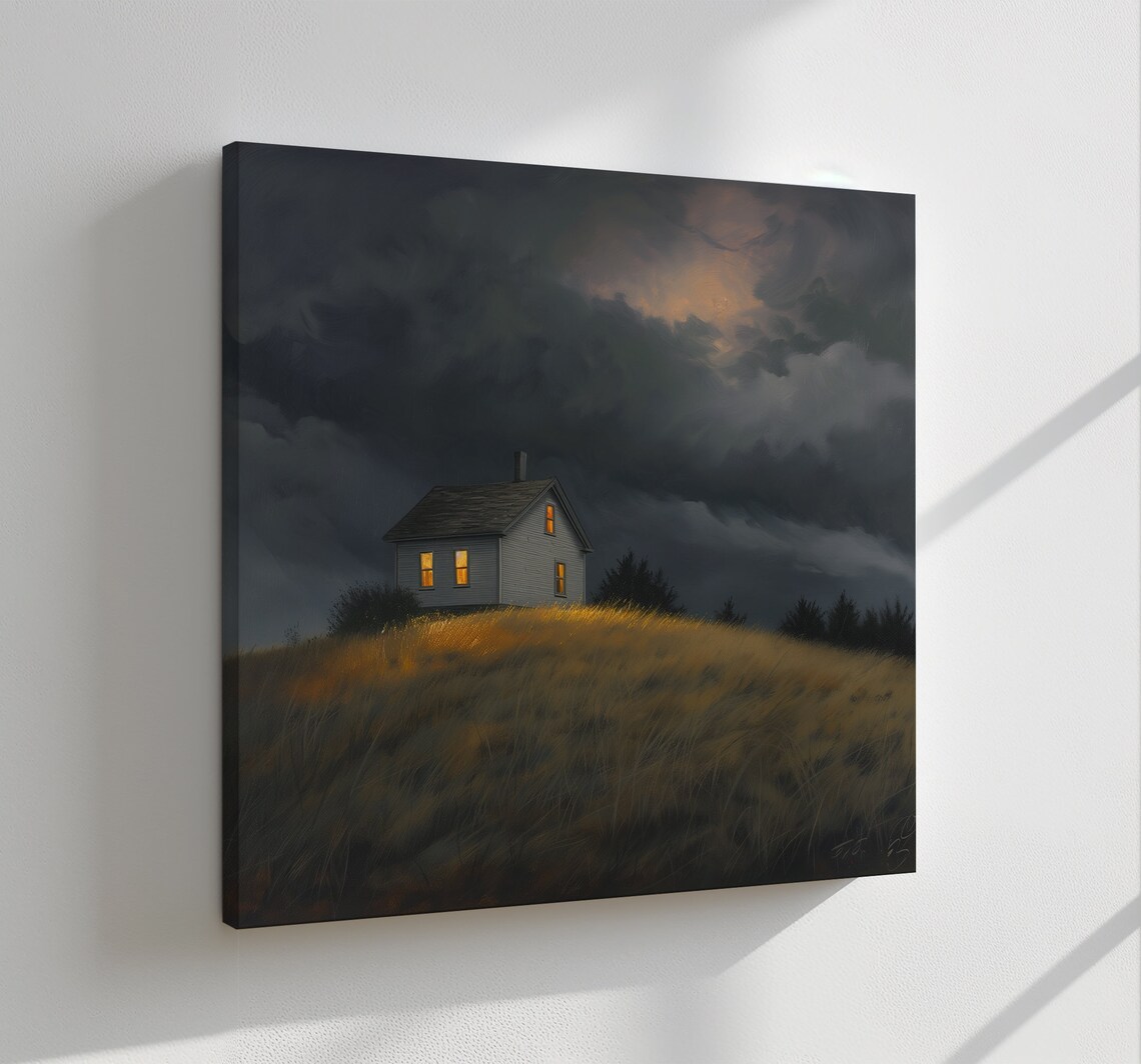 House On The Hill Night Storm Golden Field Landscape Travel Poster - Image 2