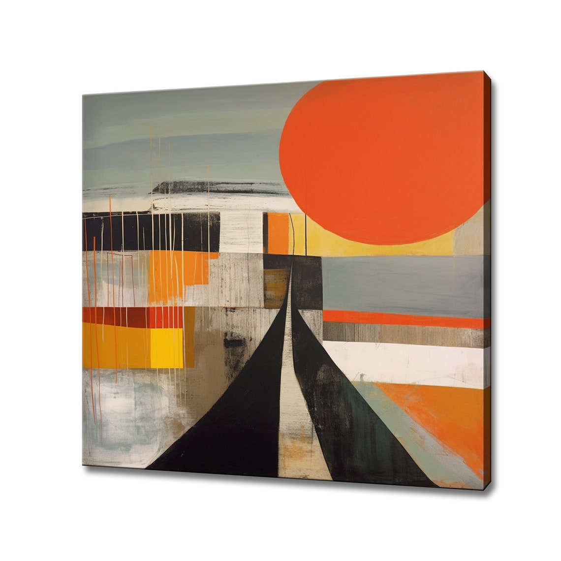 Red Sun Abstract Geometric Minimalist Orange Grey Modern Wall Poster