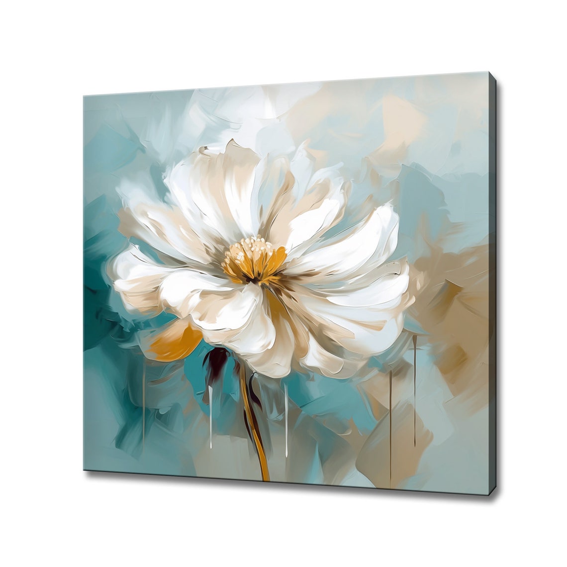 Single White Flower Bloom on Teal Abstract Oil Painting Floral Print