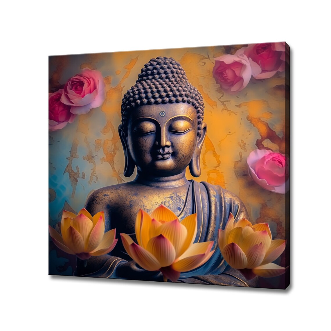 Buddha Golden Statue Lotus Flowers Pink Roses Serene Spiritual Wall Art Print